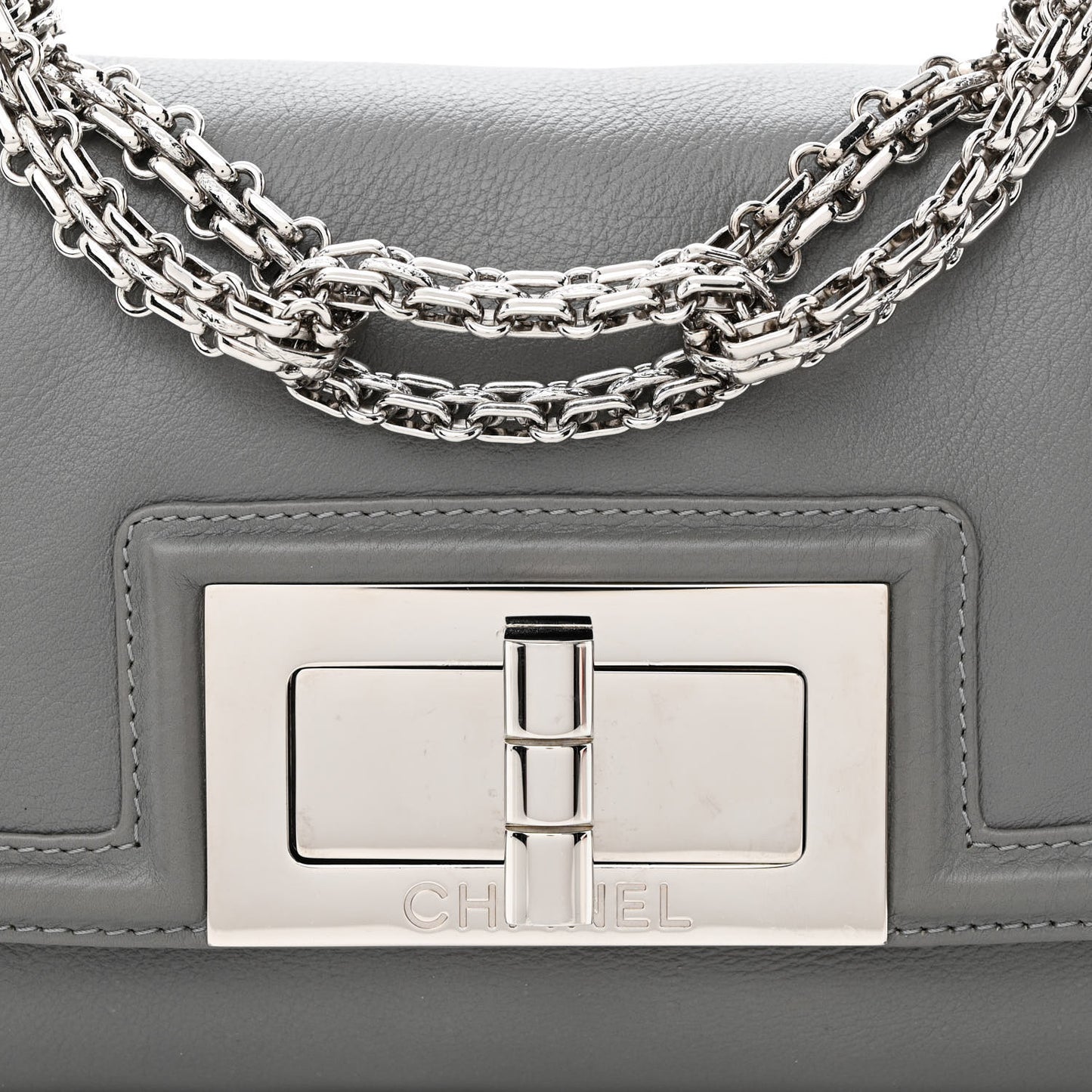Grained Calfskin Mademoiselle Lock Bijoux Chain Flap Grey