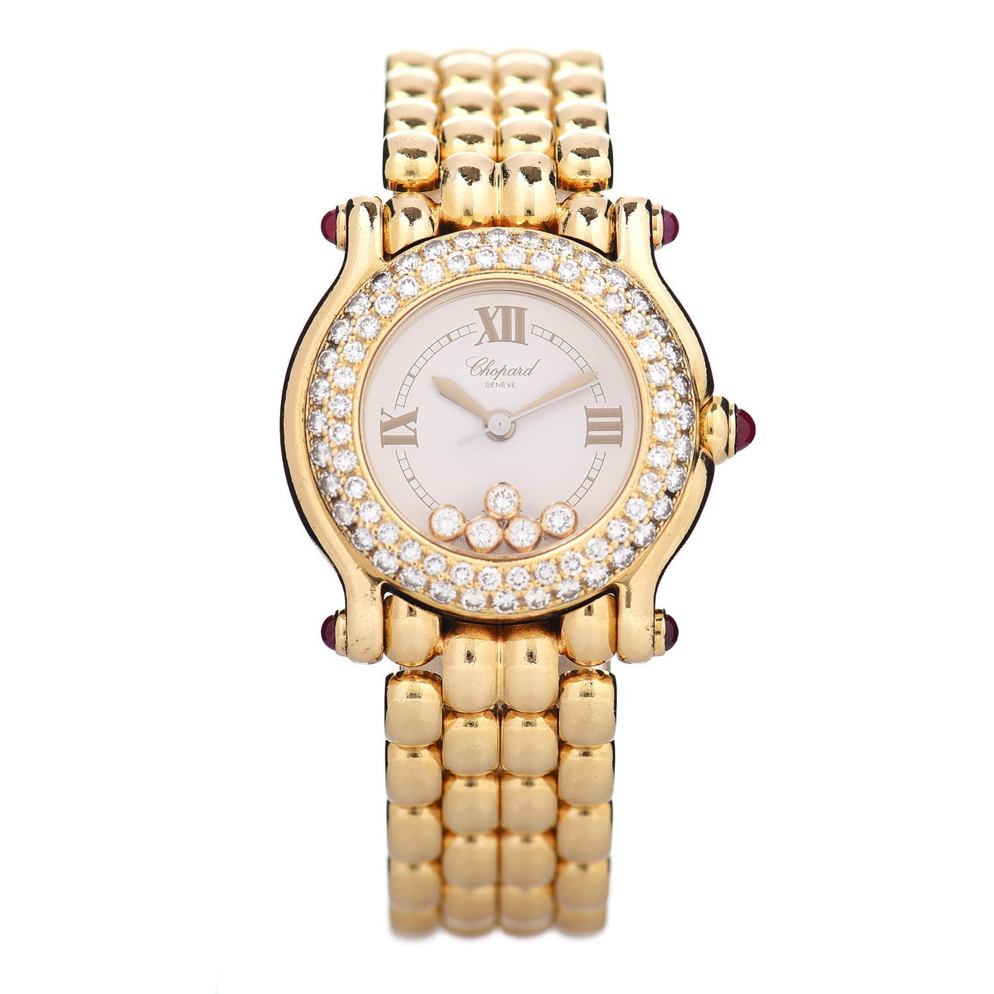 18K Yellow Gold Diamond Pave Bezel 26mm Happy Sport Quartz Watch