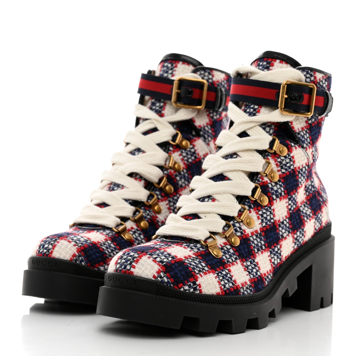 Vintage Tweed Check Lace Up Combat Ankle Boots 39 White Hibiscus Red Marine