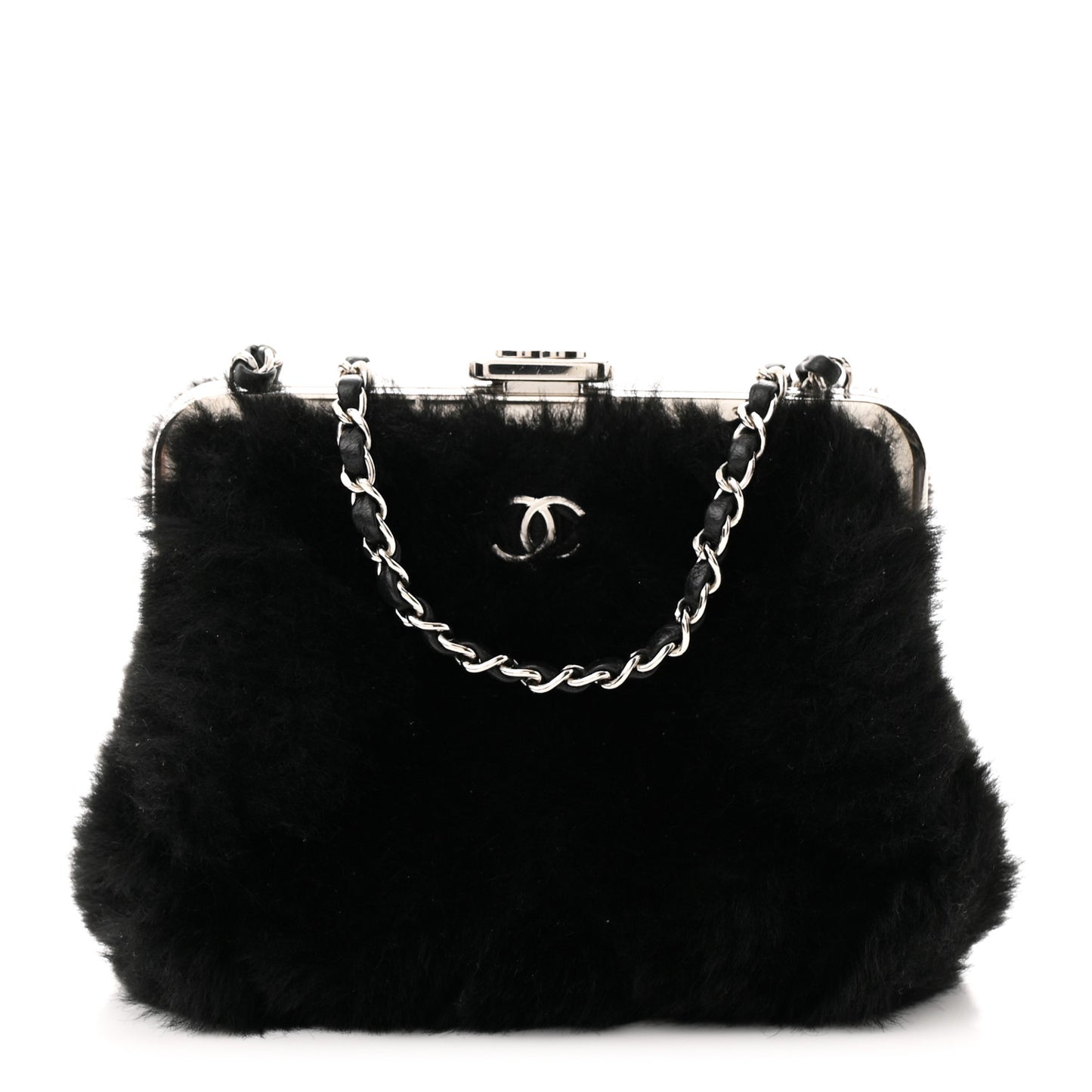 Shearling Sheepskin Lambskin Quilted Clutch With Chain Black