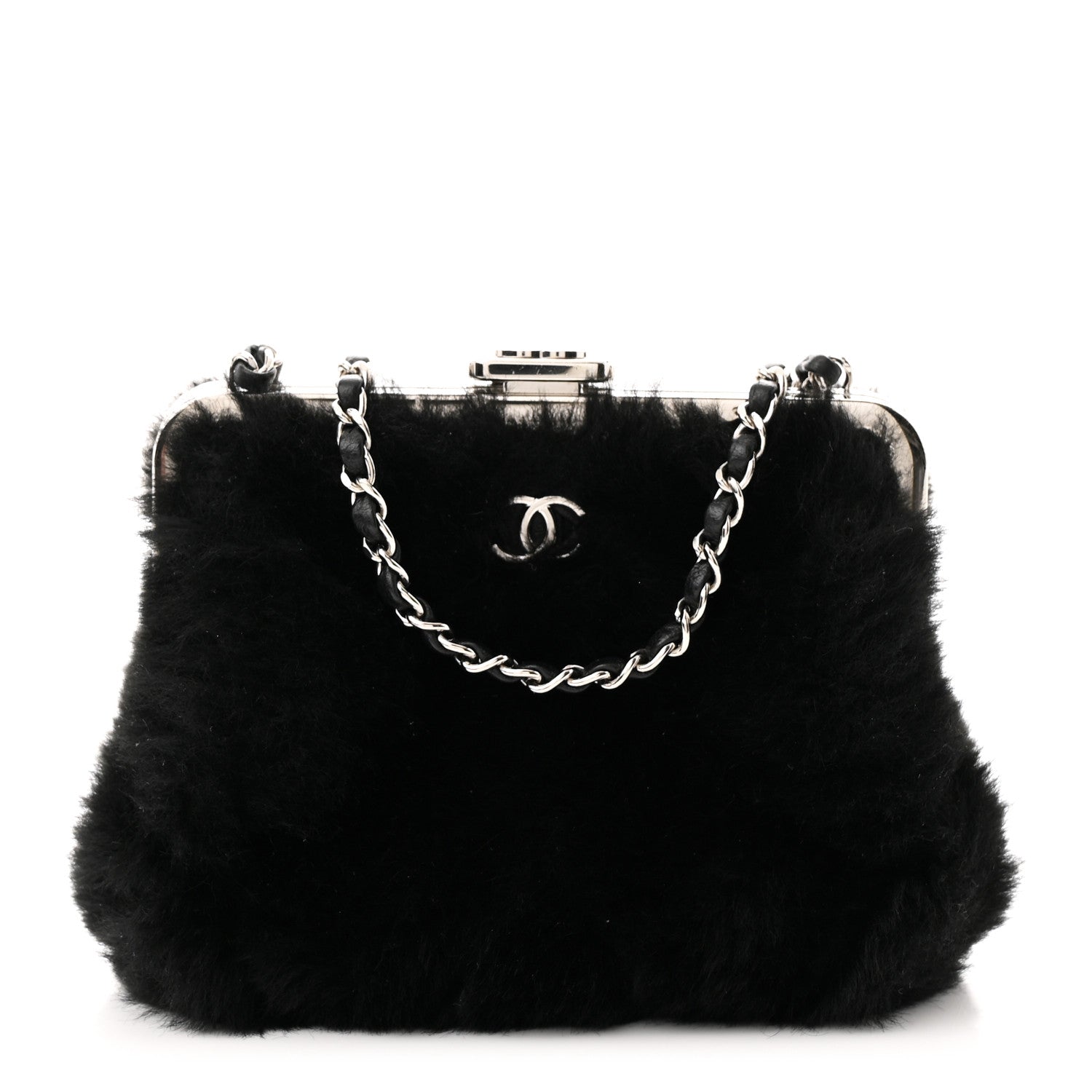 Chanel Shearling Sheepskin Lambskin Quilted Clutch With Chain Black 1 of 10