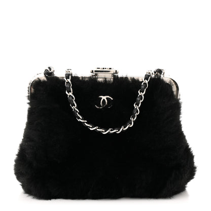 Chanel Shearling Sheepskin Lambskin Quilted Clutch With Chain Black 1 of 10