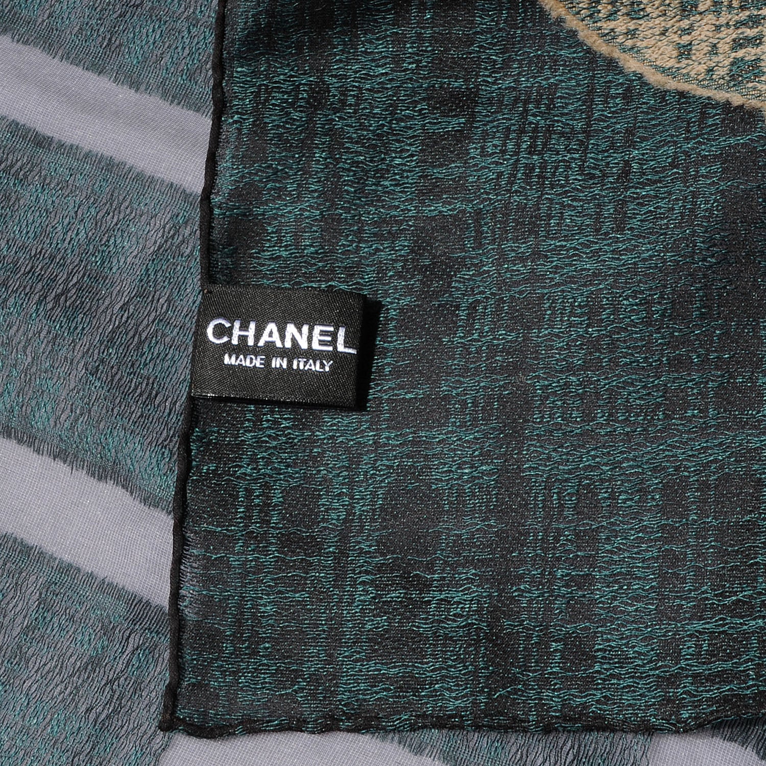 Chanel Wool Silk Tweed CC Logo Scarf Green Black 5 of 5