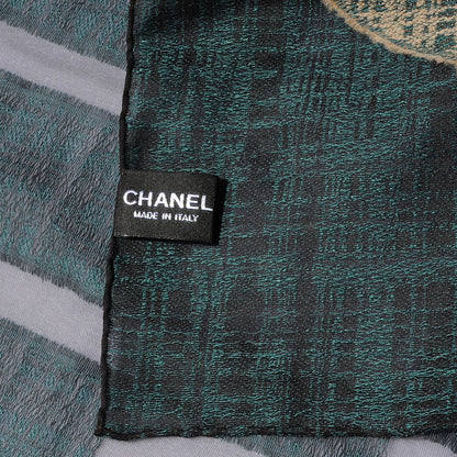 Chanel Wool Silk Tweed CC Logo Scarf Green Black 5 of 5