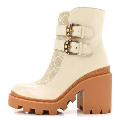 Gucci Kensington Calfskin Nappa GG Supreme Monogram Womens Double Buckle Ankle Boots 35 Mystic White Beige 1 of 10