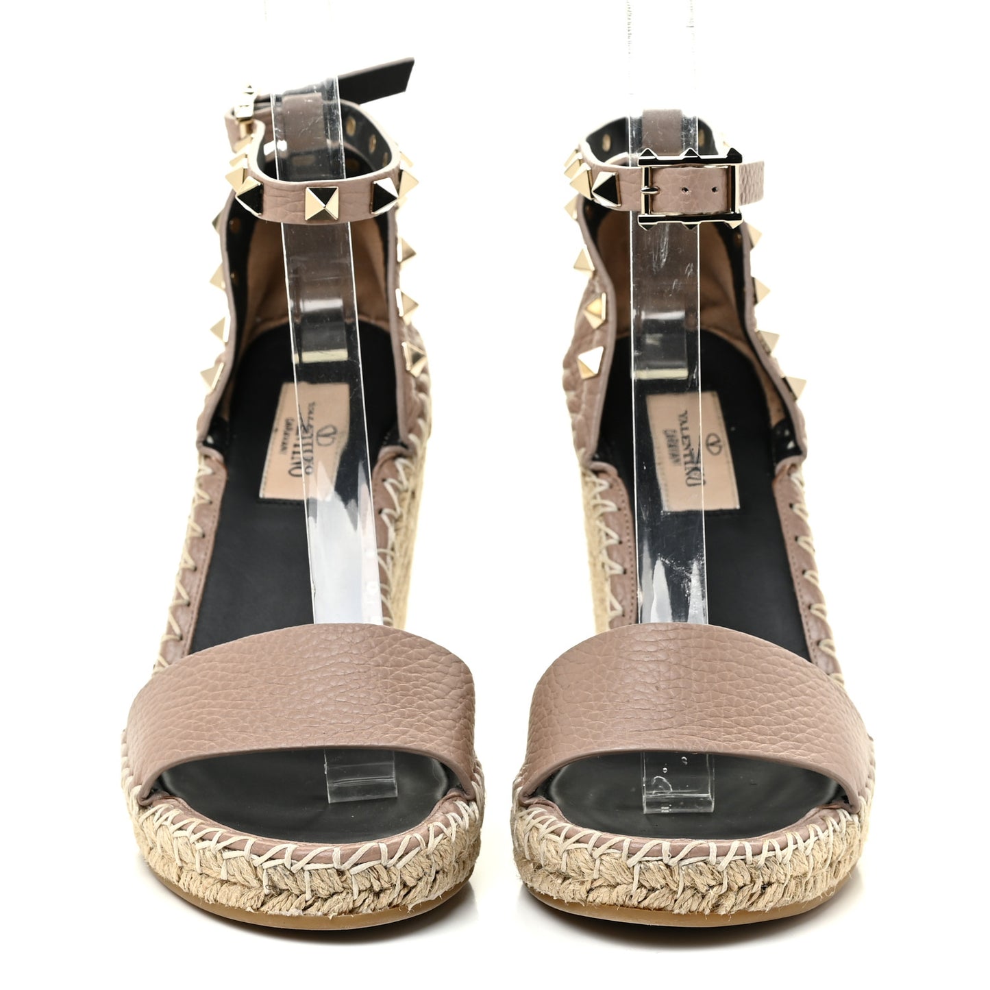 Grained Calfskin Rockstud Ankle Strap Espadrille 15/105mm Wedge Sandals 35 Poudre Natural