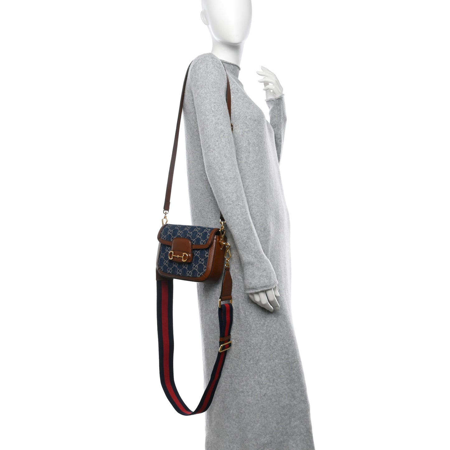 New Denim GG Monogram Dollar Calfskin Web Mini Horsebit 1955 Shoulder Bag Blue Tea Cuir Epilog