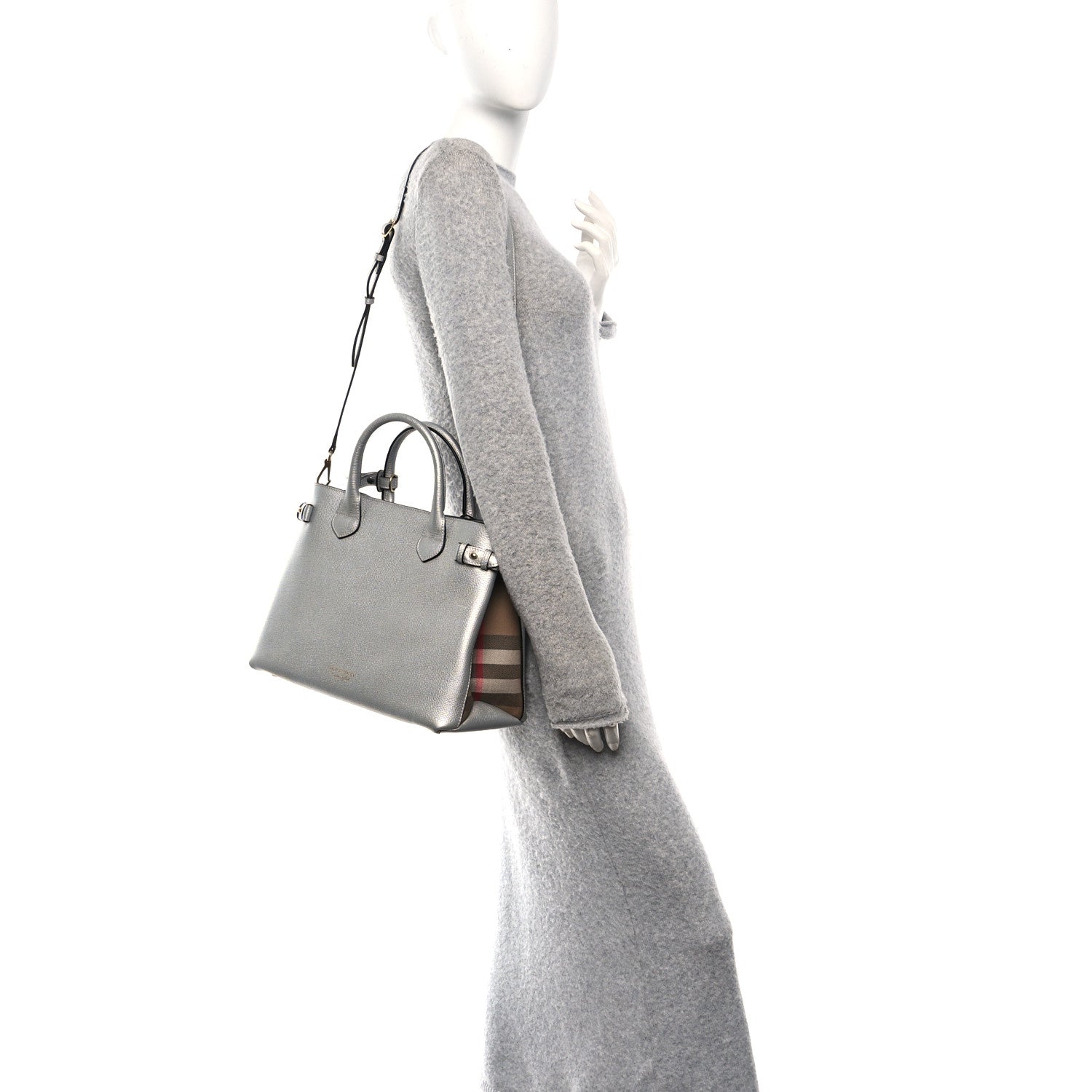 Burberry Metallic Grainy Calfskin House Check Medium Banner Tote Silver 3 of 17