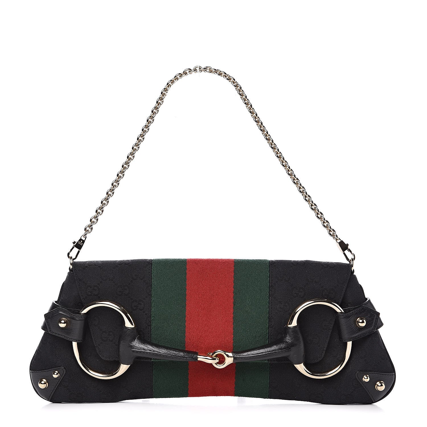 Gucci Monogram Web Horsebit Chain Clutch Black 1 of 9