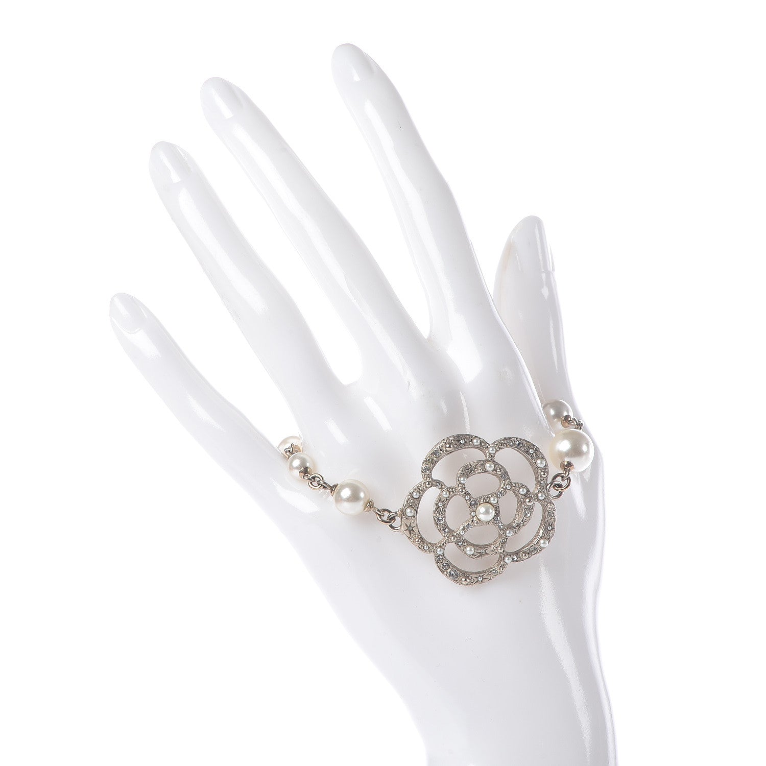 Chanel Swarovski Crystal Pearl Camellia CC Bracelet Gold 2 of 4
