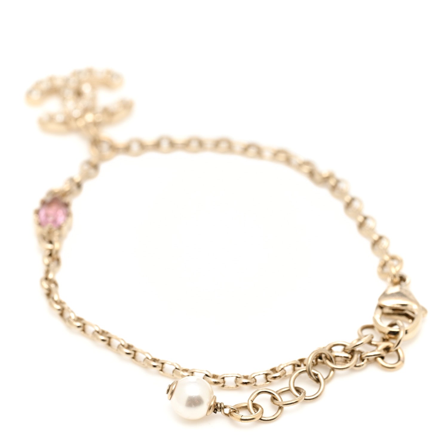 Chanel Crystal Pearl CC Charm Bracelet Light Gold Pink 3 of 5
