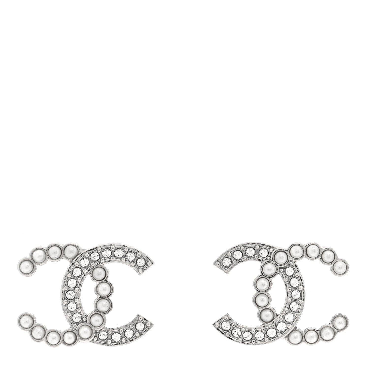 Chanel Crystal Pearl CC Clip On Earrings Silver 1 of 4