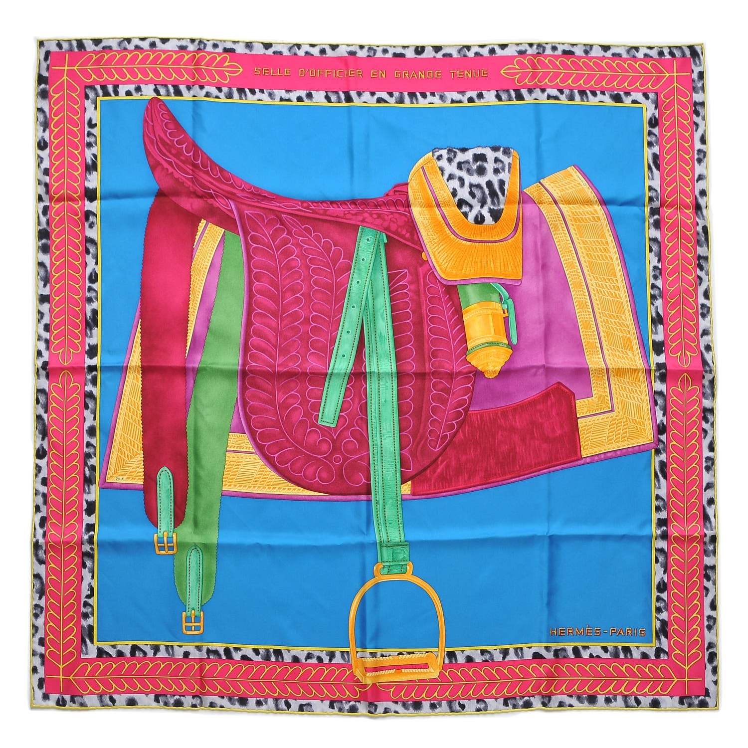 Hermes Silk Selle d'Officier En Grande Tenue Scarf 90 Bleu Cobalt Fuchsia Jaune 1 of 9