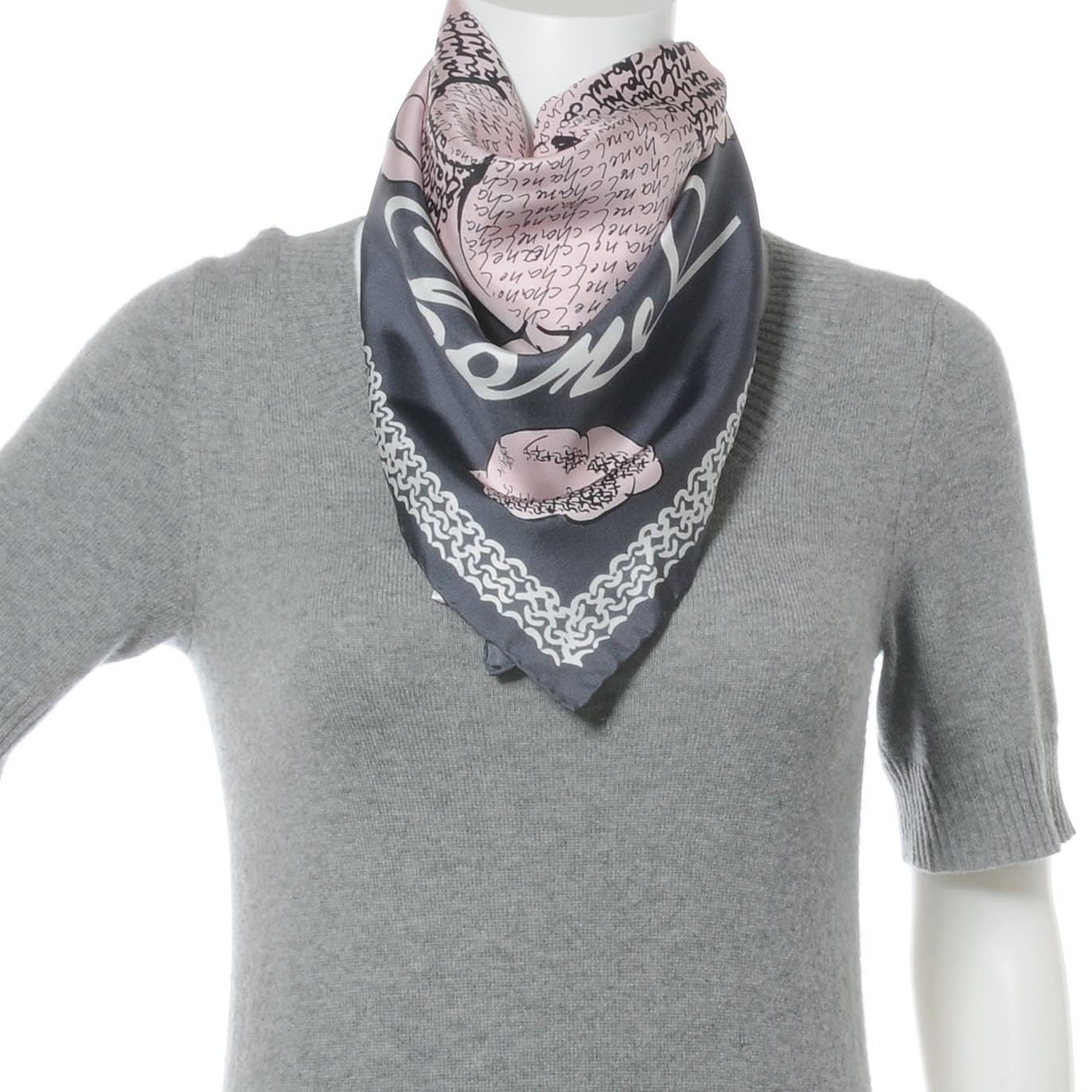 Chanel Silk Camellia Flower Scarf Pink Grey 4 of 8
