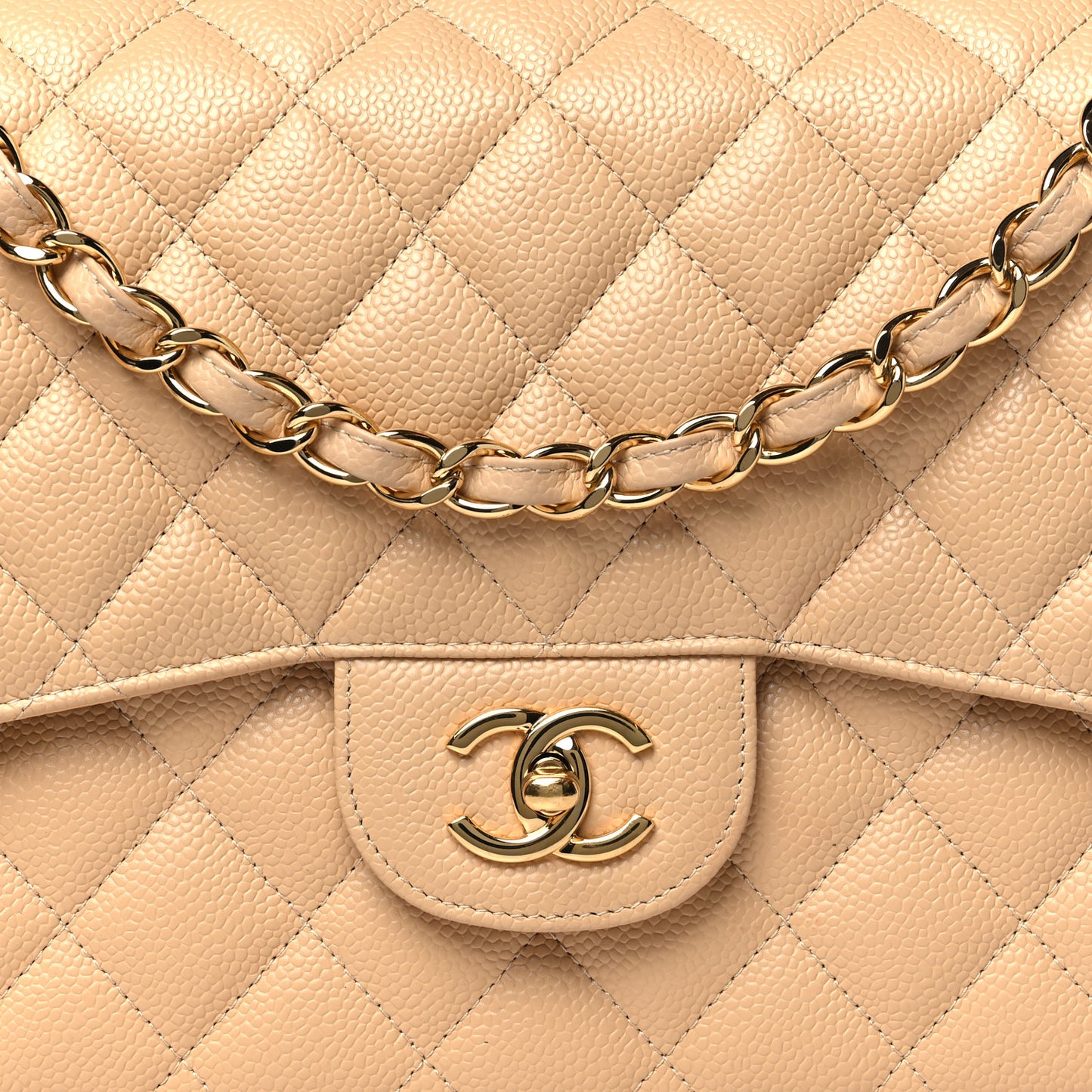 Caviar Quilted Jumbo Double Flap Light Beige