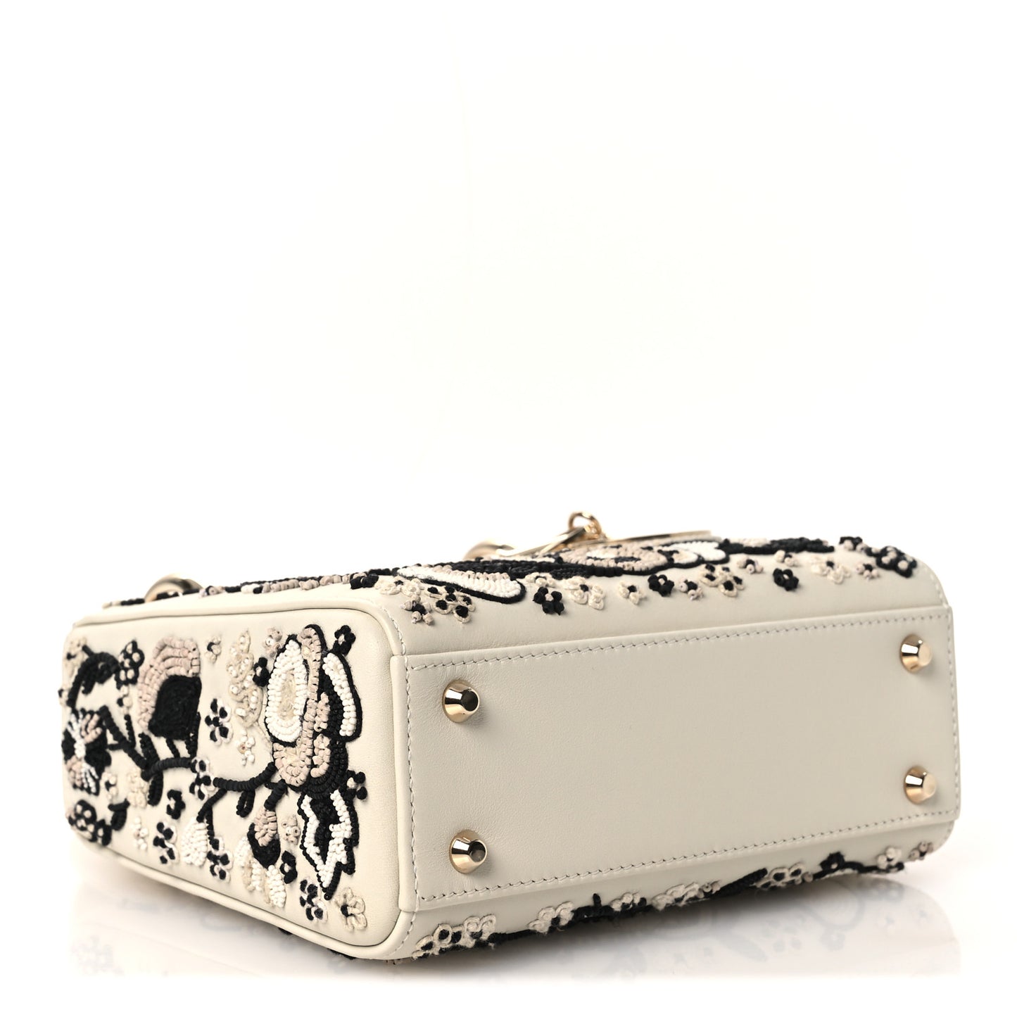 Smooth Calfskin Embroidered Beaded Floral Mini Lady Dior White Multicolor
