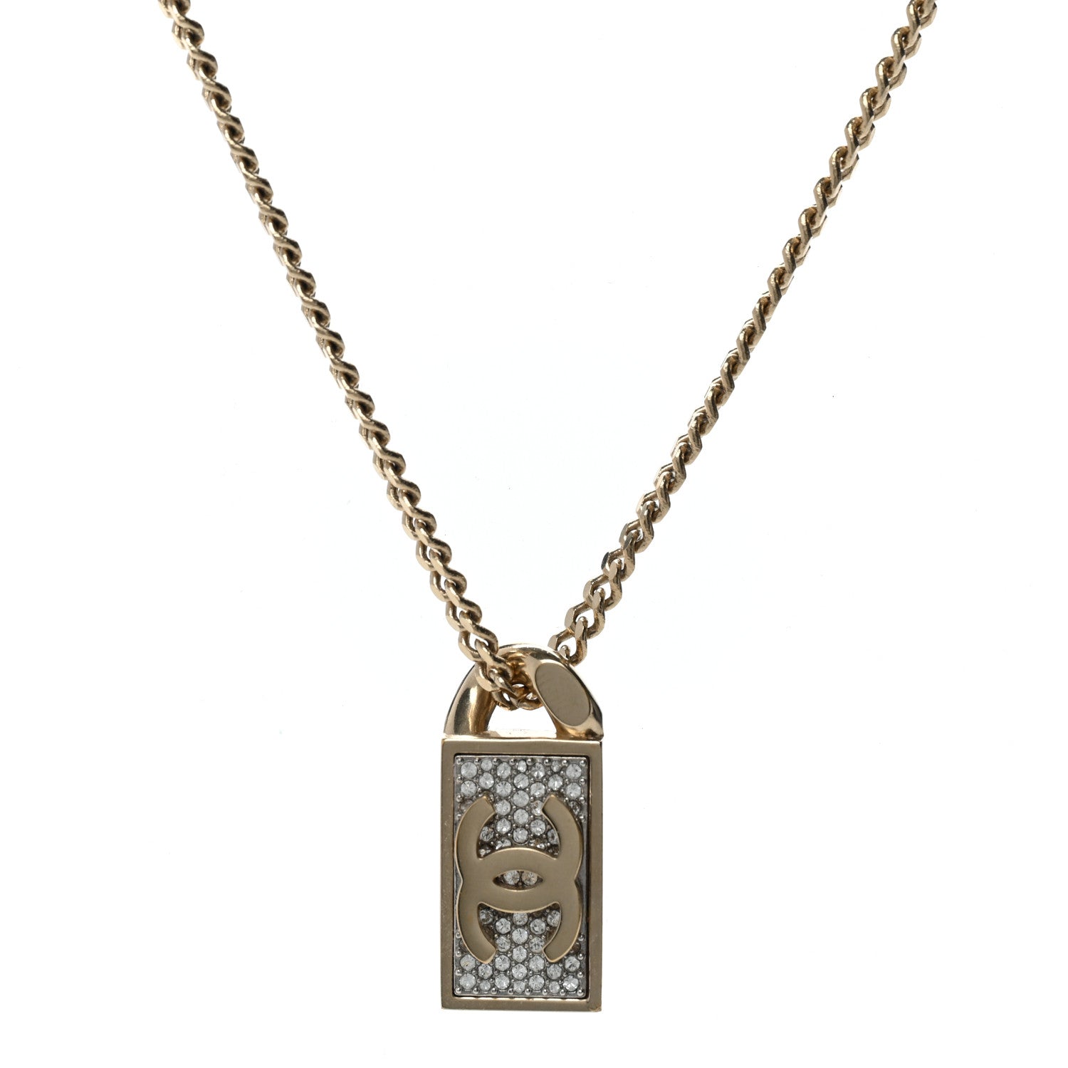Chanel Crystal Dog Tag Charm Necklace Gold 1 of 5
