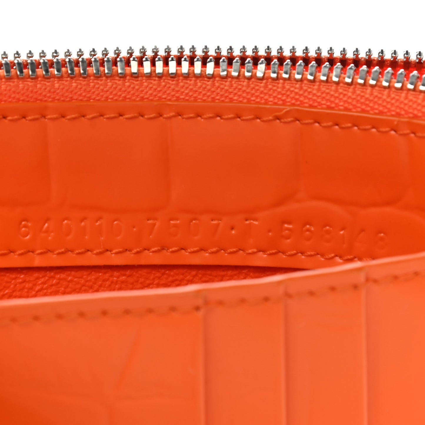 Semi Shiny Calfskin Crocodile Embossed Neo Classic Silver Hardware Long Coin Case Card Holder Orange