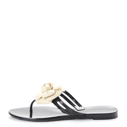 Chanel Jelly Camellia Thong Sandals 36 Black Ivory 1 of 10