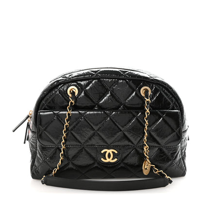 Chanel Shiny Crumpled Calfskin Quilted Large Bowling Bag Black 1 of 10