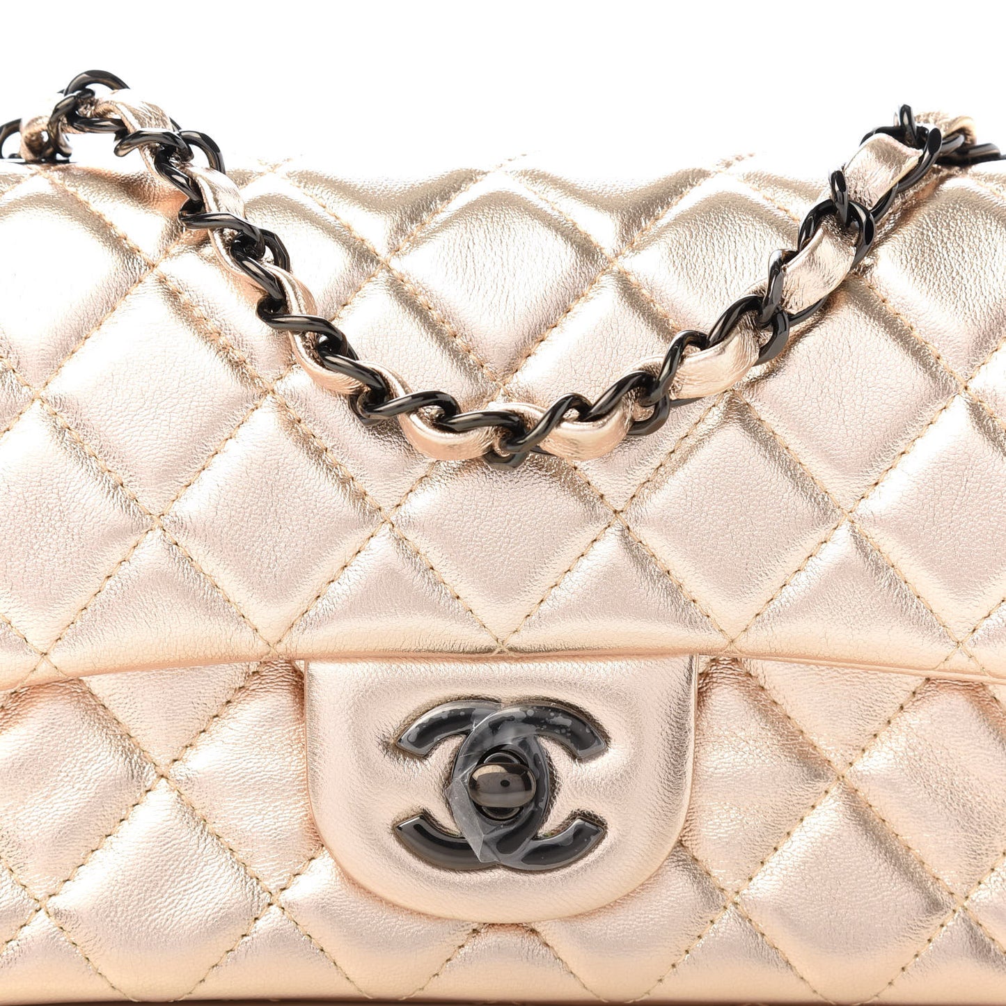 Metallic Lambskin Quilted Mini Rectangular Flap Gold Black