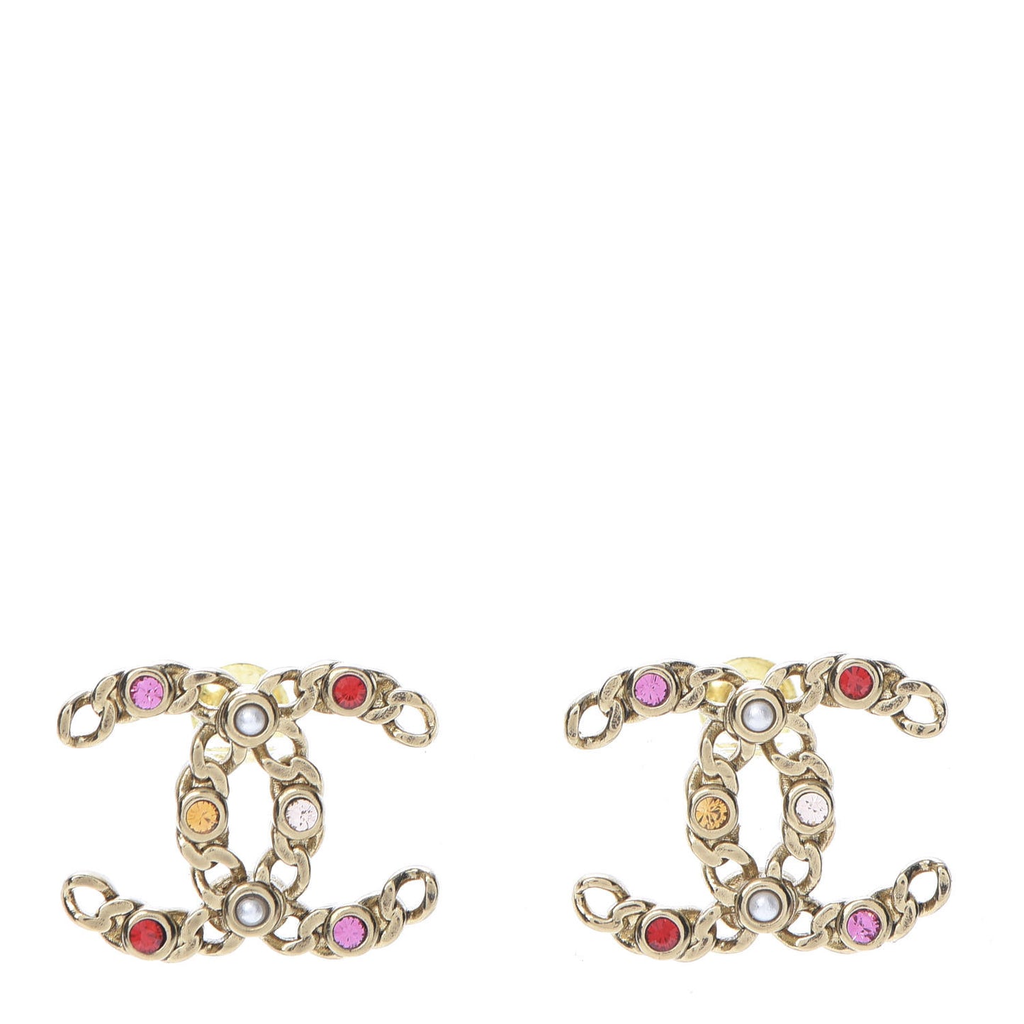 Pearl Crystal Chain Link CC Earrings Gold Red Pink Yellow