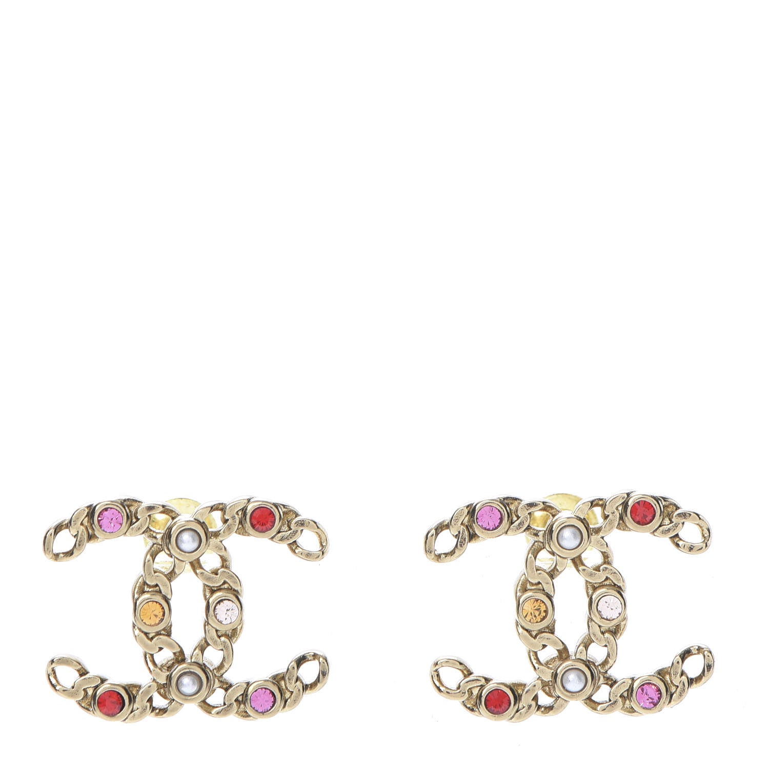 Chanel Pearl Crystal Chain Link CC Earrings Gold Red Pink Yellow 1 of 5