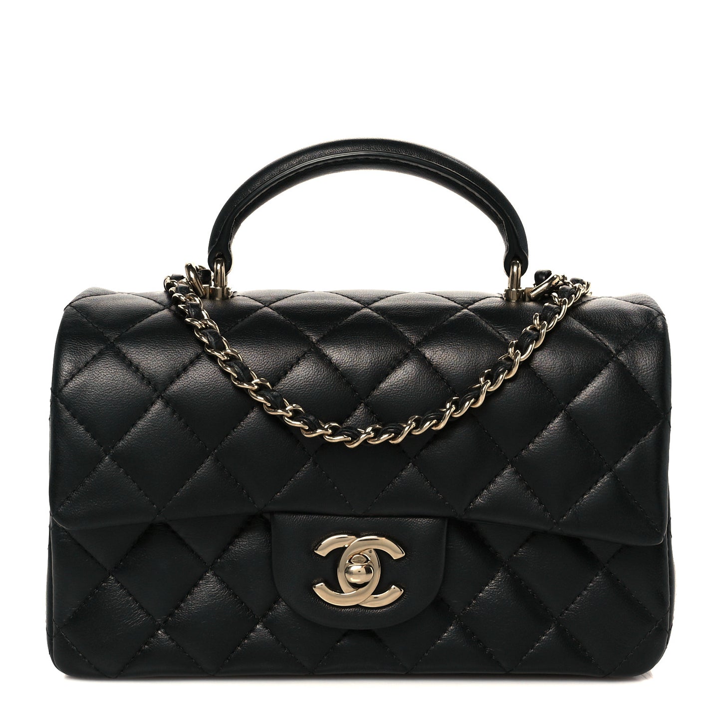 Lambskin Quilted Mini Top Handle Rectangular Flap Black