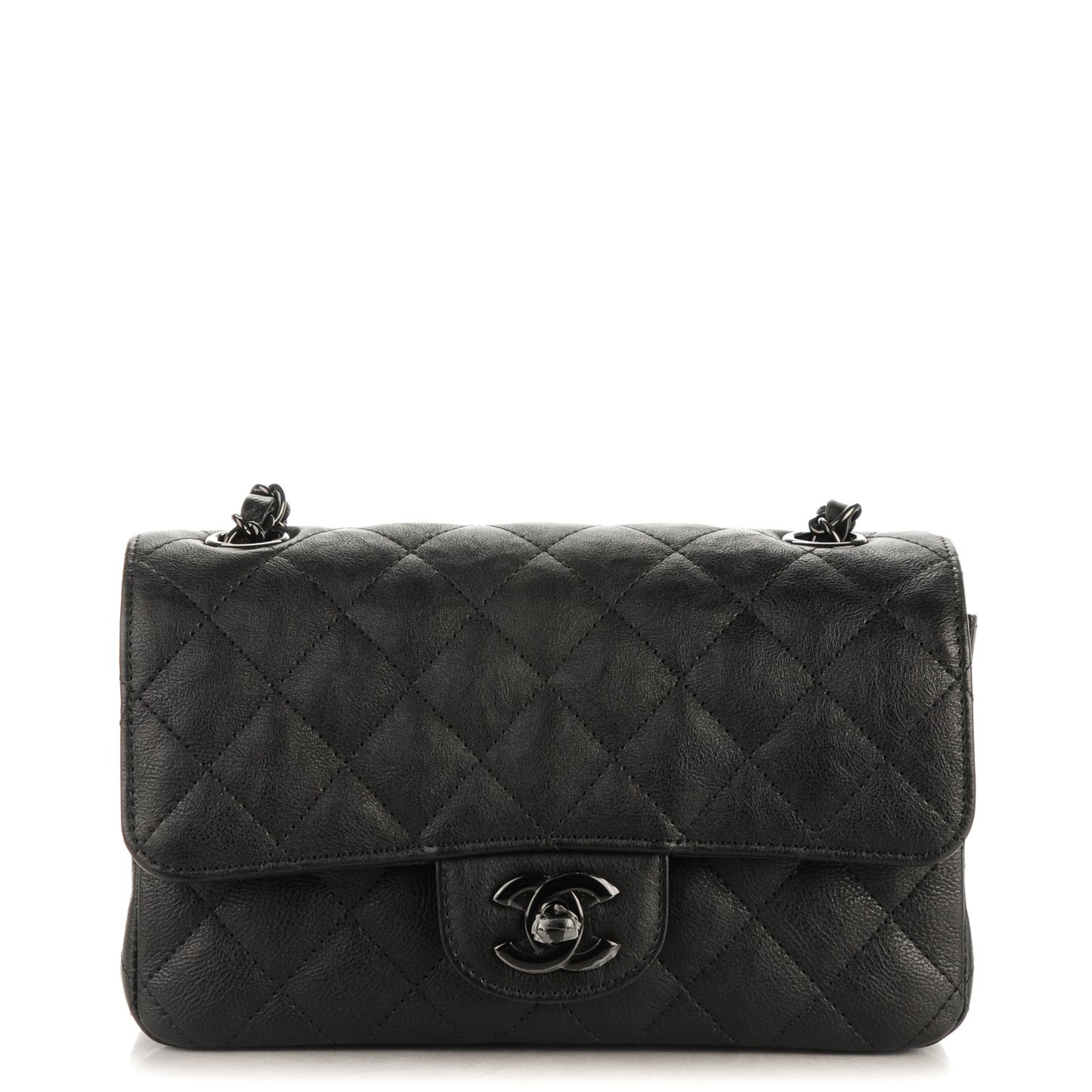 Crumpled Calfskin Quilted Mini Rectangular Flap So Black