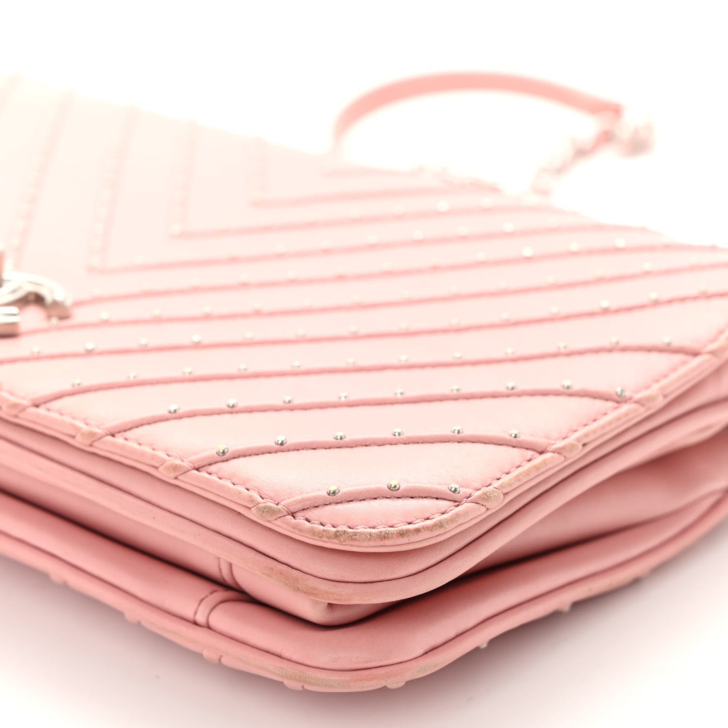 Calfskin Studded Chevron Quilted Flap Pink