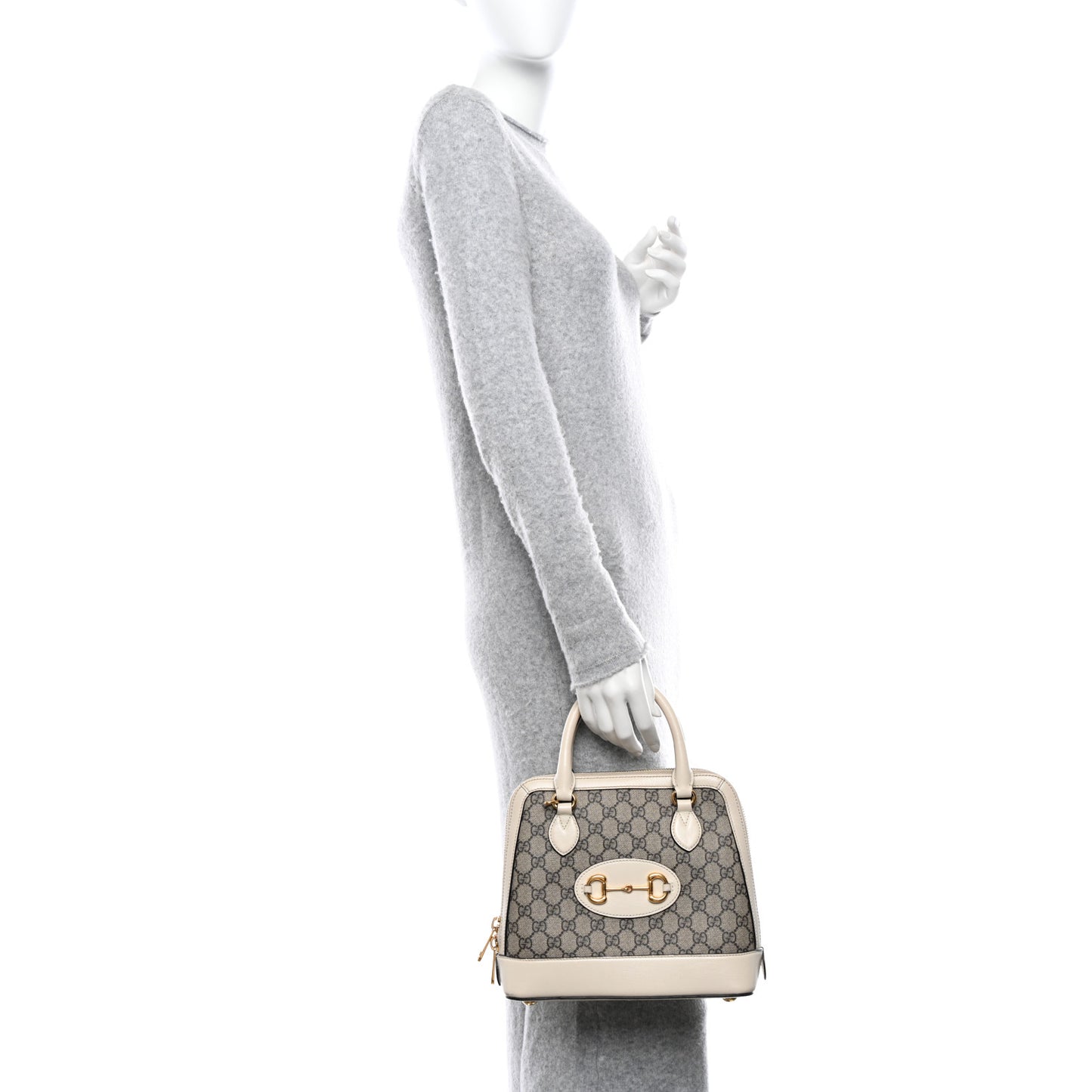 GG Supreme Monogram Azalea Calfskin Small Horsebit 1955 Top Handle Bag Beige Ebony Mystic White