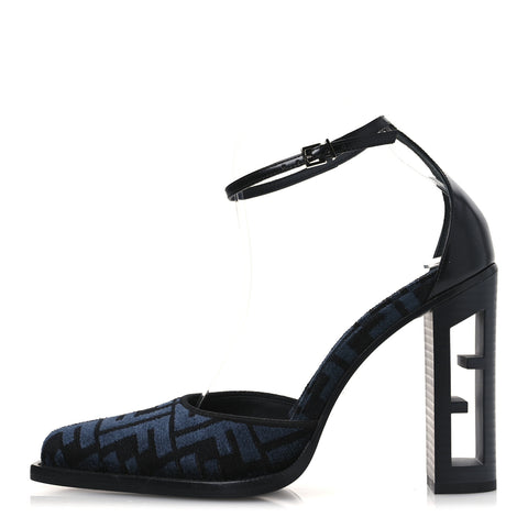 Chenille Jacquard FF Cut Baguette Ankle Strap 105mm Pumps 38 Black Blue