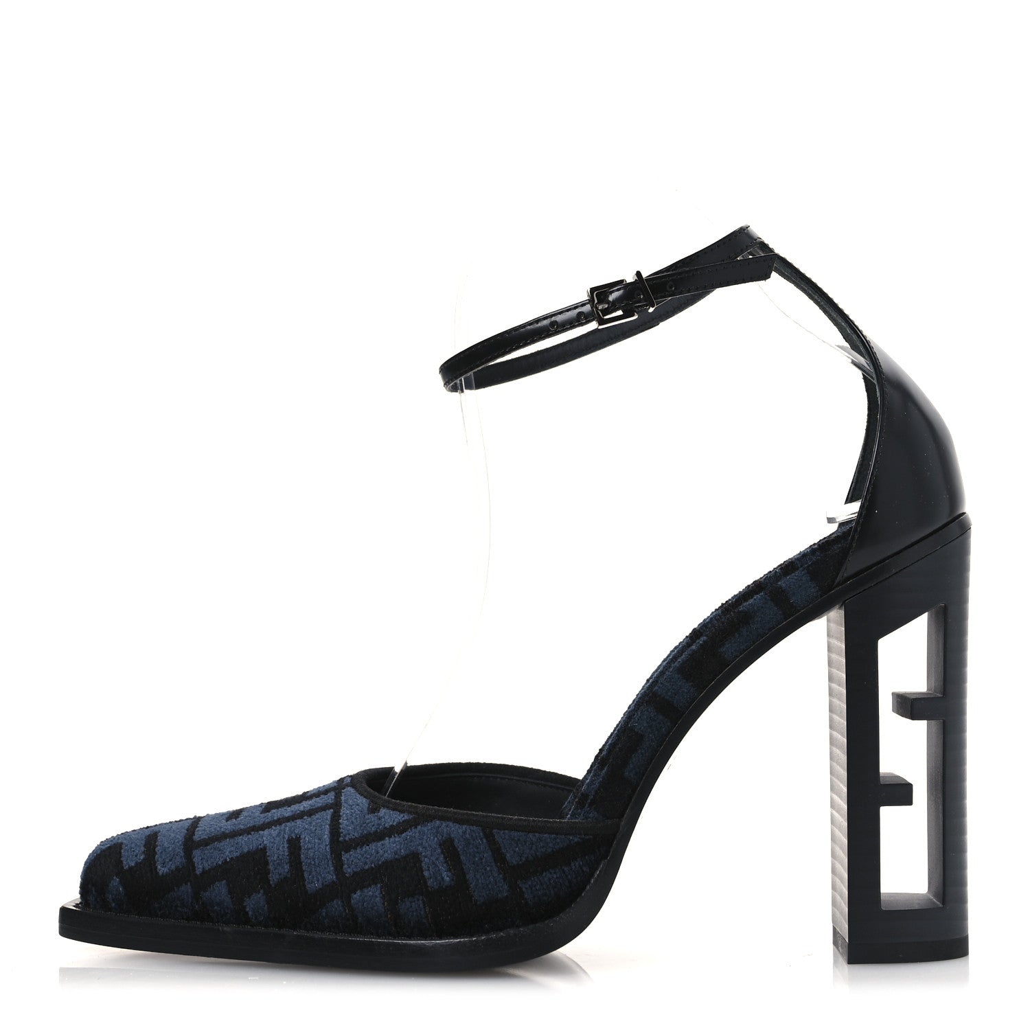 Fendi Chenille Jacquard FF Cut Baguette Ankle Strap 105mm Pumps 38 Black Blue 1 of 11