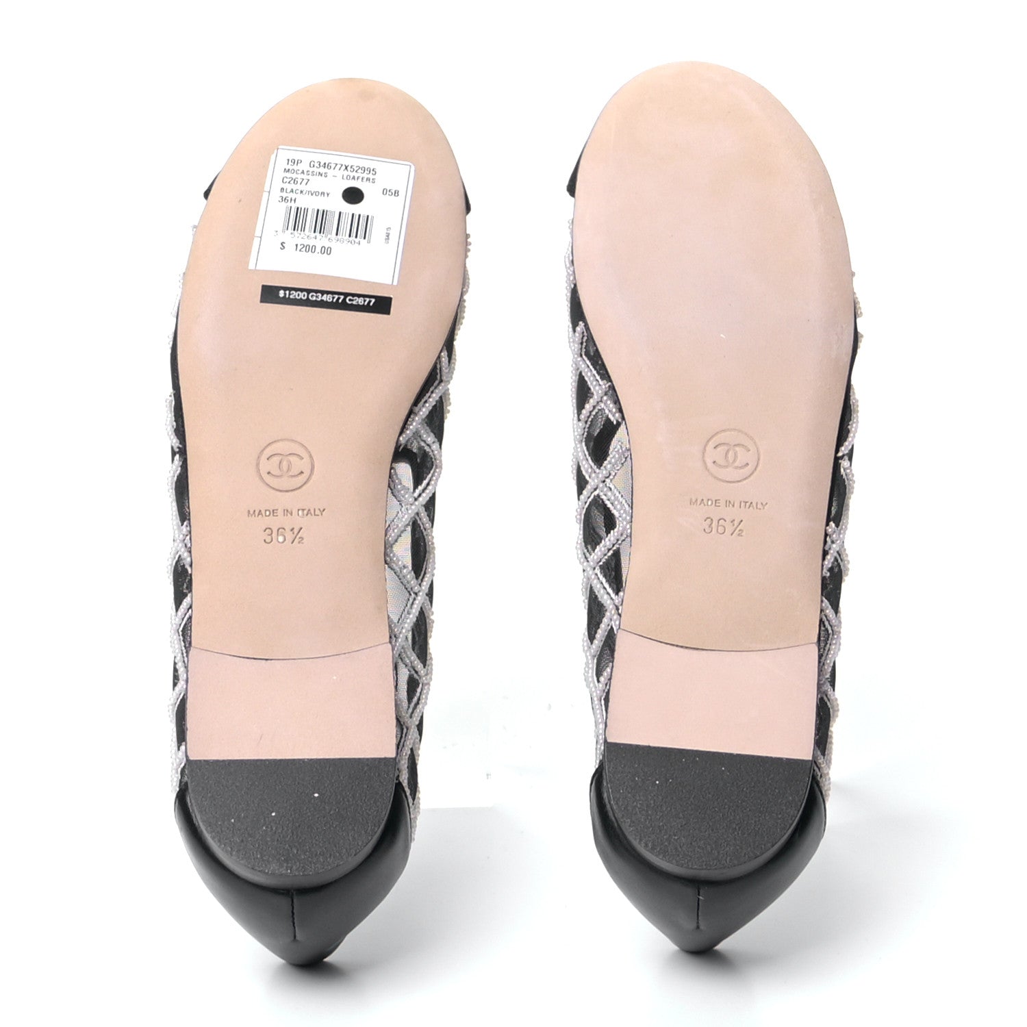 Chanel Mesh Pearl Grosgrain Cap Toe CC Loafers 36.5 Black Ivory 5 of 10
