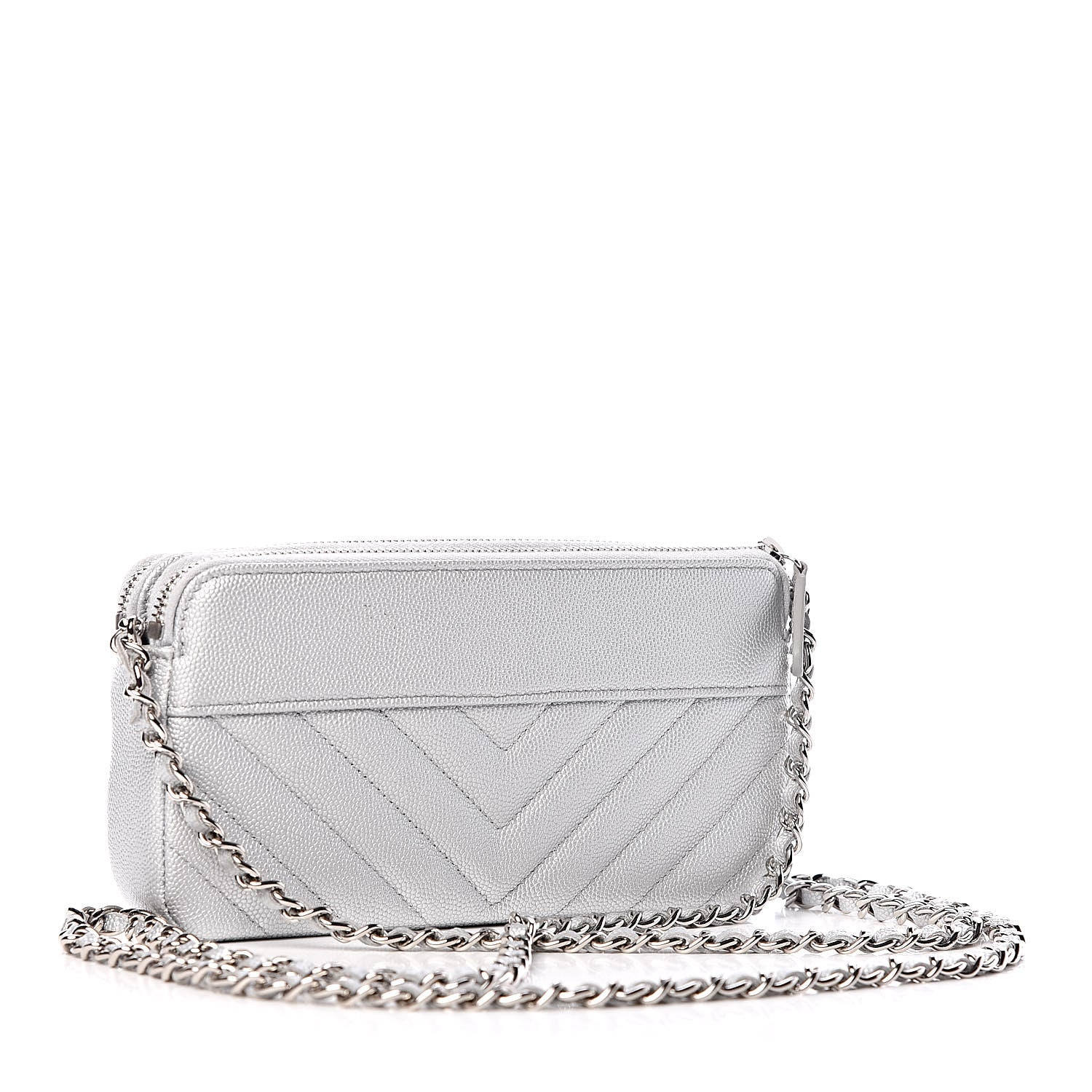 Chanel Metallic Caviar Chevron Quilted Small Vintage Mademoiselle Clutch With Chain Silver 3 of 13
