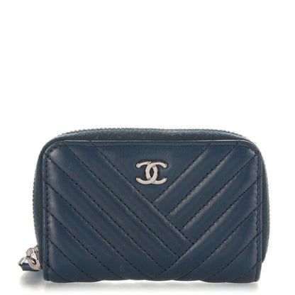 Chanel Lambskin Chevron Zip Around Coin Purse Wallet Blue 1 of 7