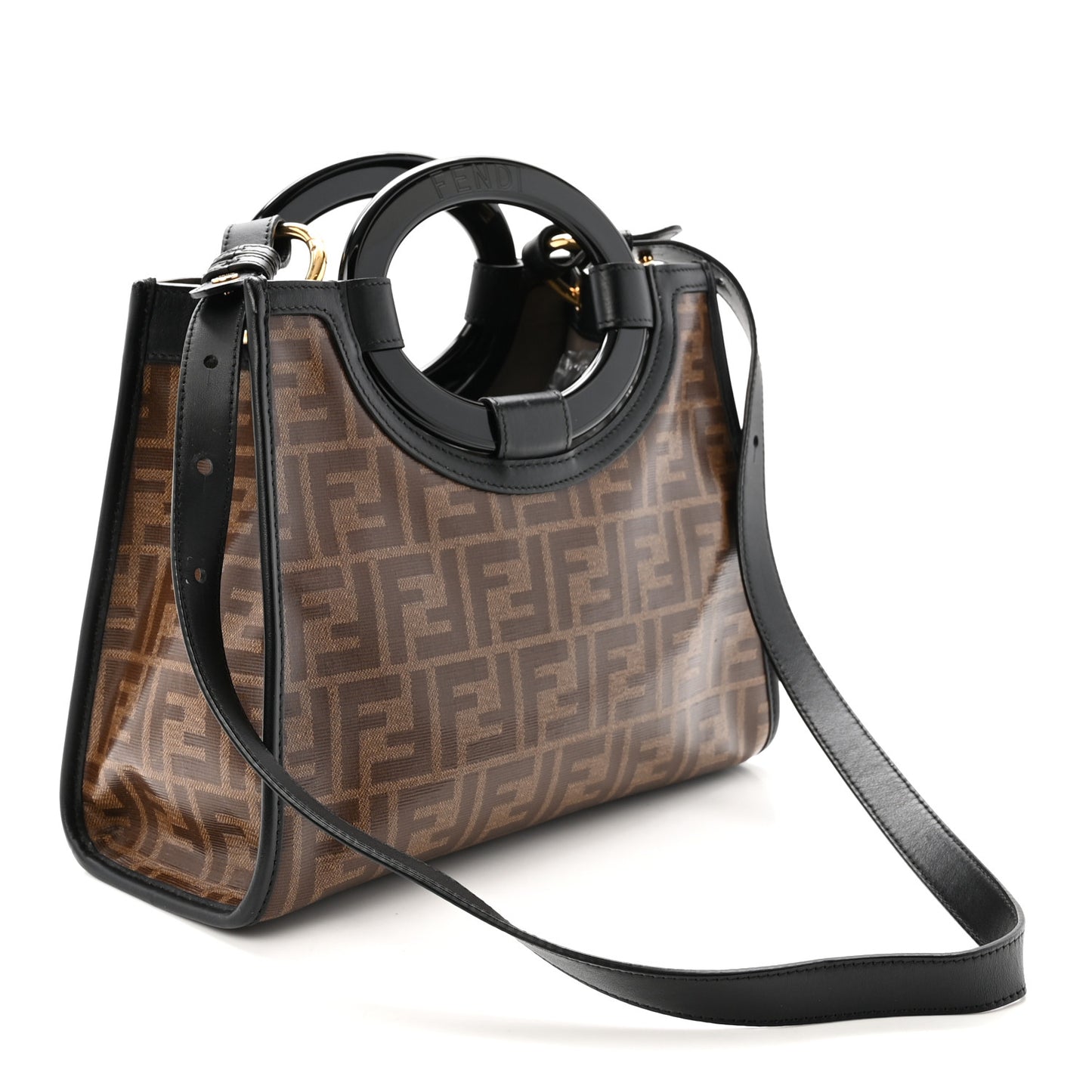 Glazed Fabric Vitello Century Plexiglass FF 1974 Stamp Patch Small Runaway Shopper Tote Mogano Panna Black
