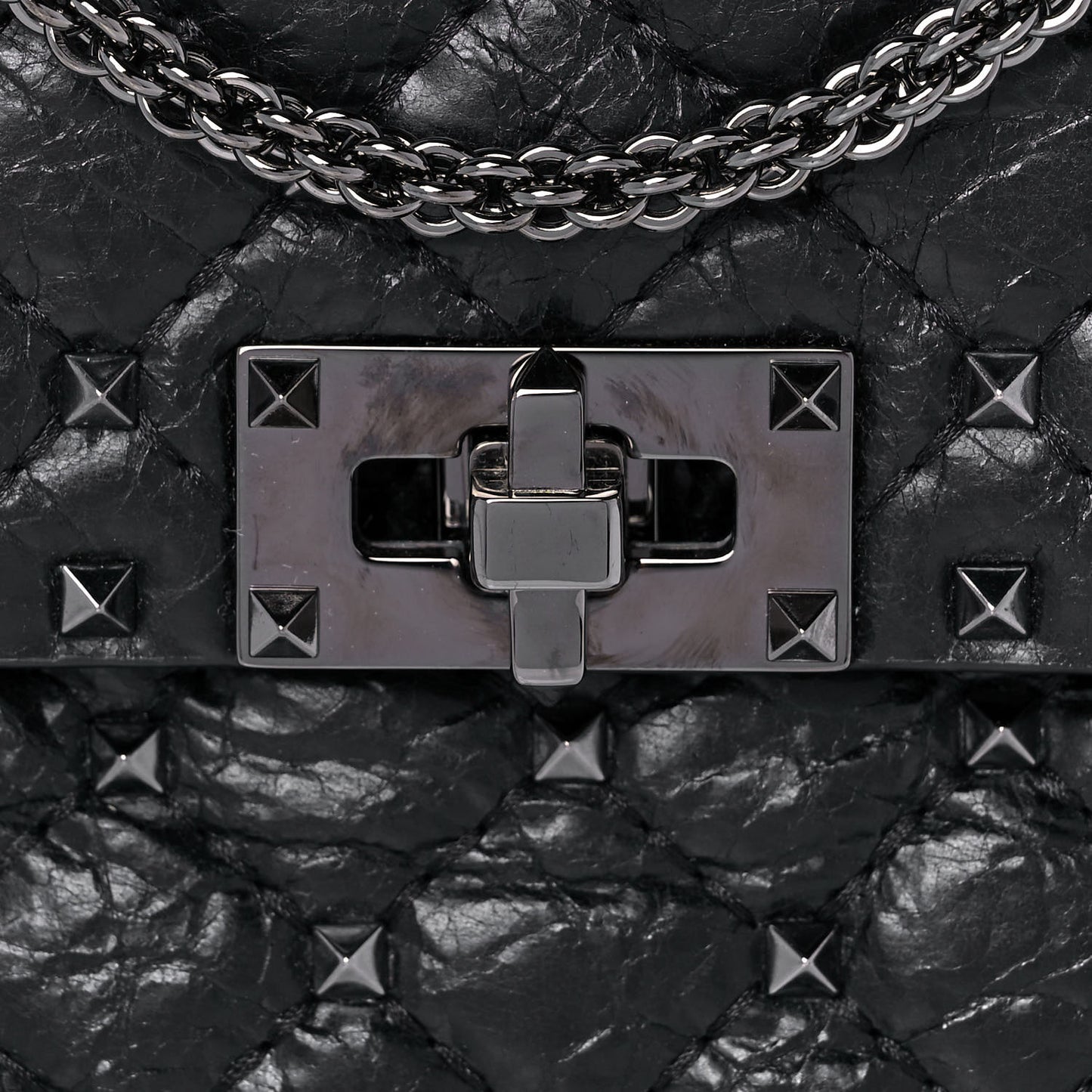 Craquele Nappa Medium Rockstud Spike Shoulder Bag Black