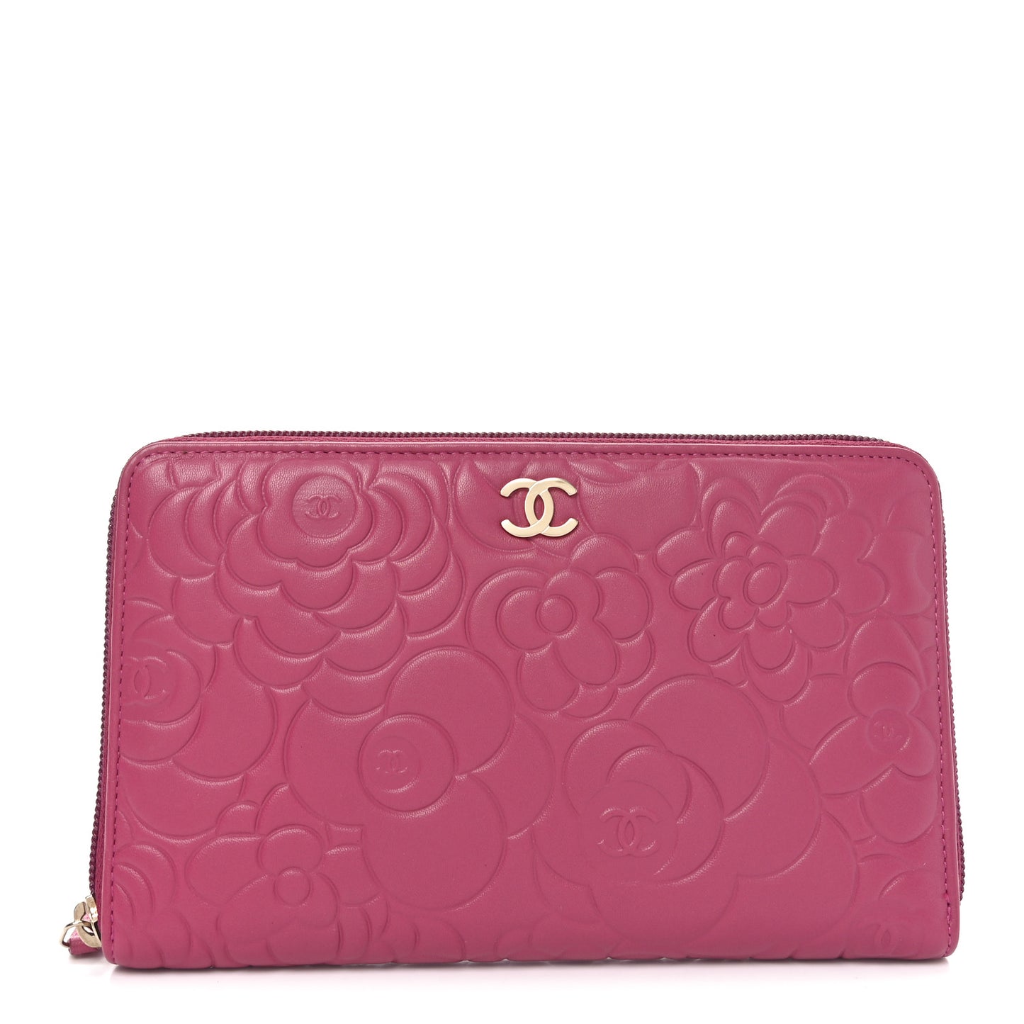 Lambskin Camellia Embossed Zip Around Organizer Wallet Fuchsia