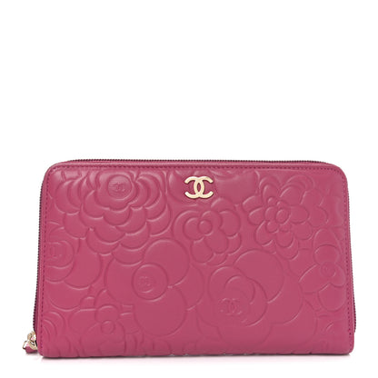 Chanel Lambskin Camellia Embossed Zip Around Organizer Wallet Fuchsia 1 of 9