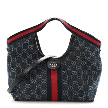 Gucci Denim GG Monogram Web Small Giglio Tote Blue White 1 of 10