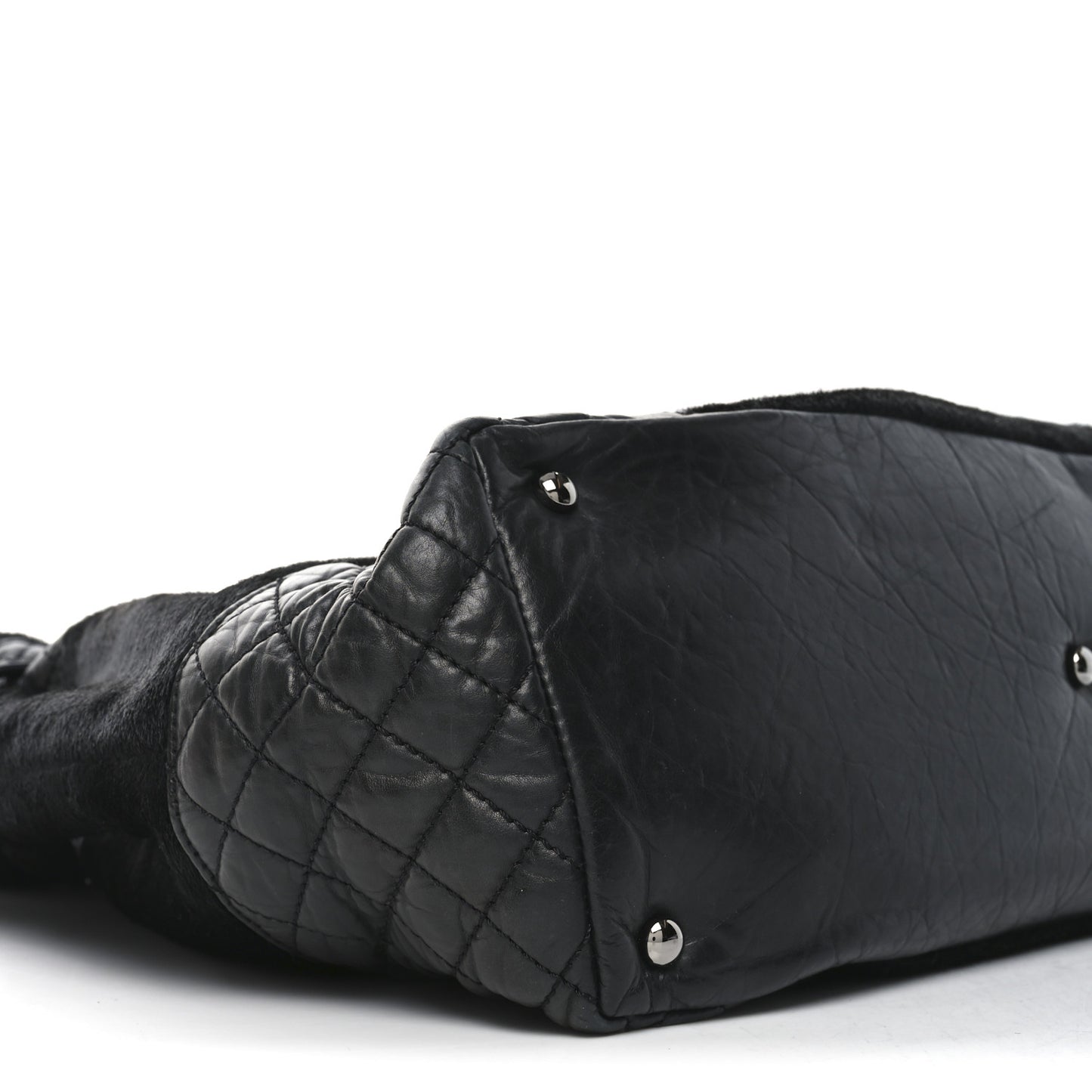 Aged Calfskin Pony Hair Quilted Miss Pony Drawstring Tote Black
