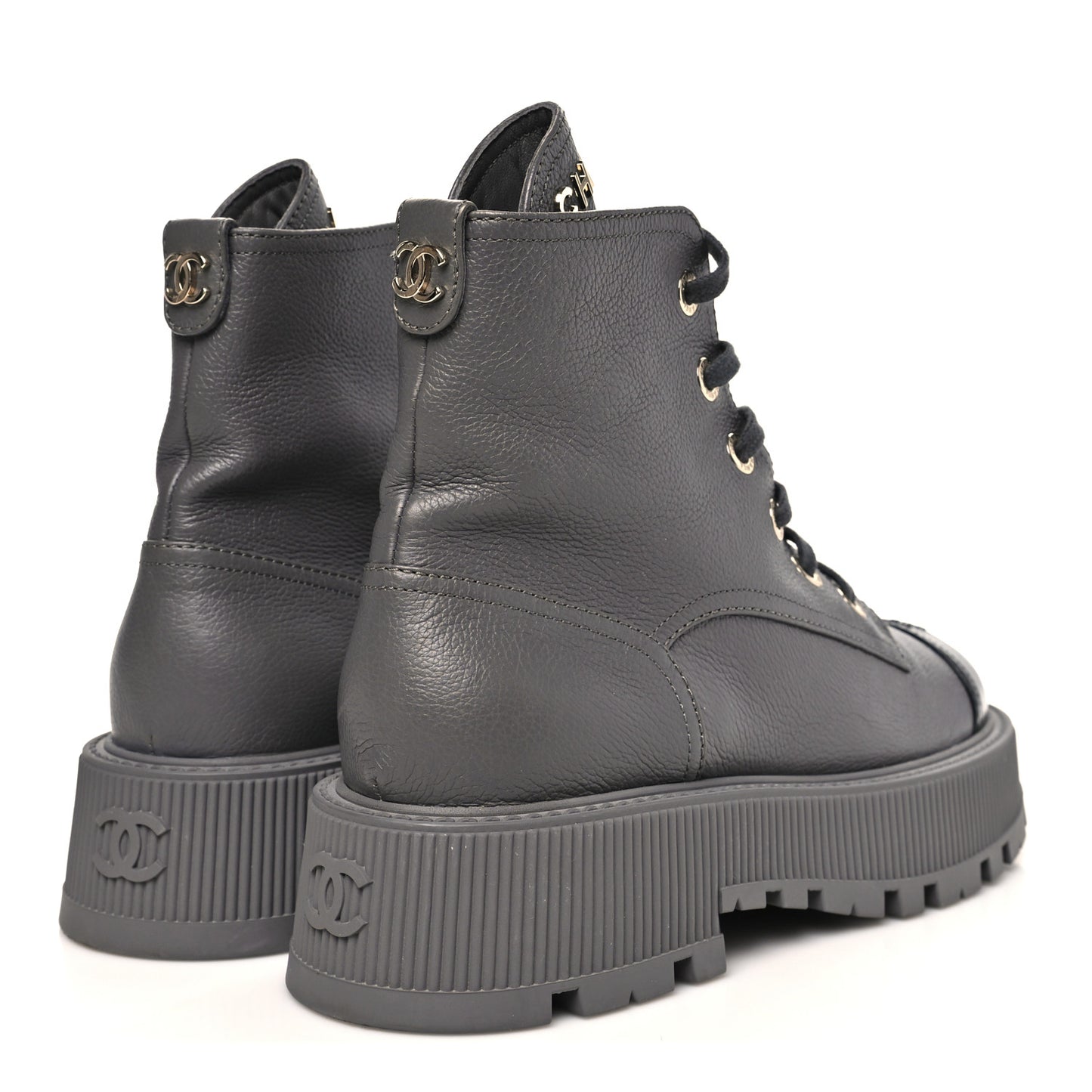 Grained Calfskin Shiny Calfskin CC Lace Up Combat Boots 39.5 Grey