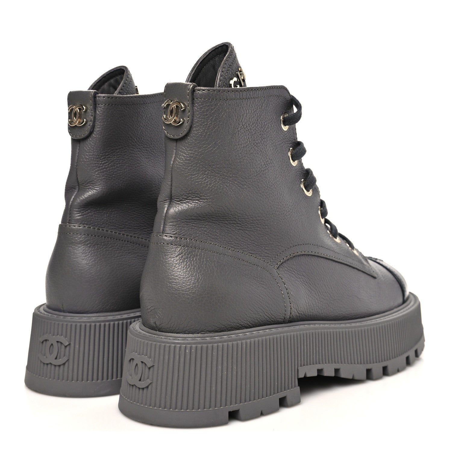 Chanel Grained Calfskin Shiny Calfskin CC Lace Up Combat Boots 39.5 Grey 5 of 10