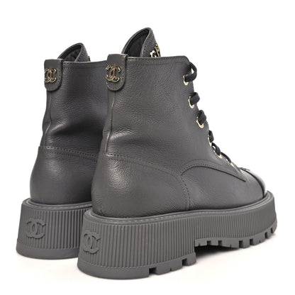 Chanel Grained Calfskin Shiny Calfskin CC Lace Up Combat Boots 39.5 Grey 5 of 10