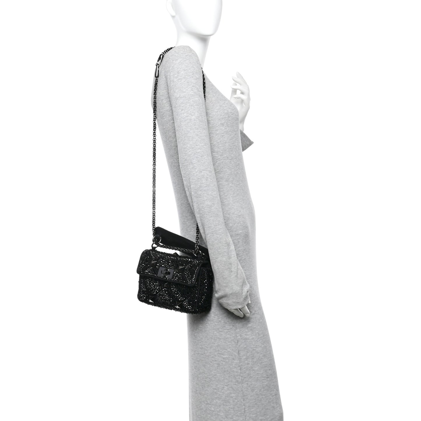 Crystal Suede Lacquer Monochrome Medium Roman Stud Shoulder Bag Black