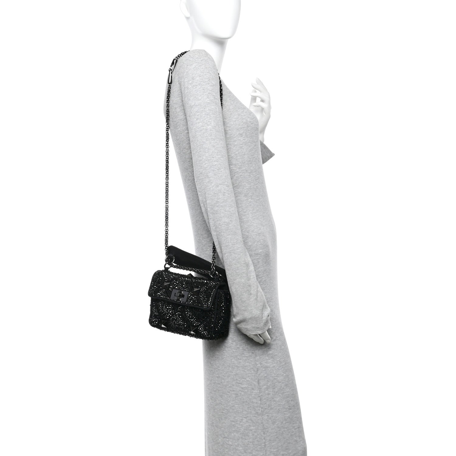 Valentino Garavani Crystal Suede Lacquer Monochrome Medium Roman Stud Shoulder Bag Black 2 of 9