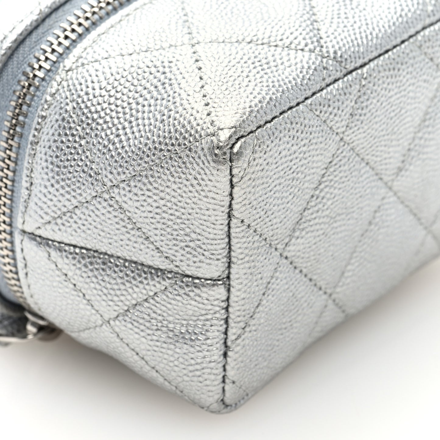 Metallic Caviar Quilted Mini Top Handle Vanity With Chain Silver