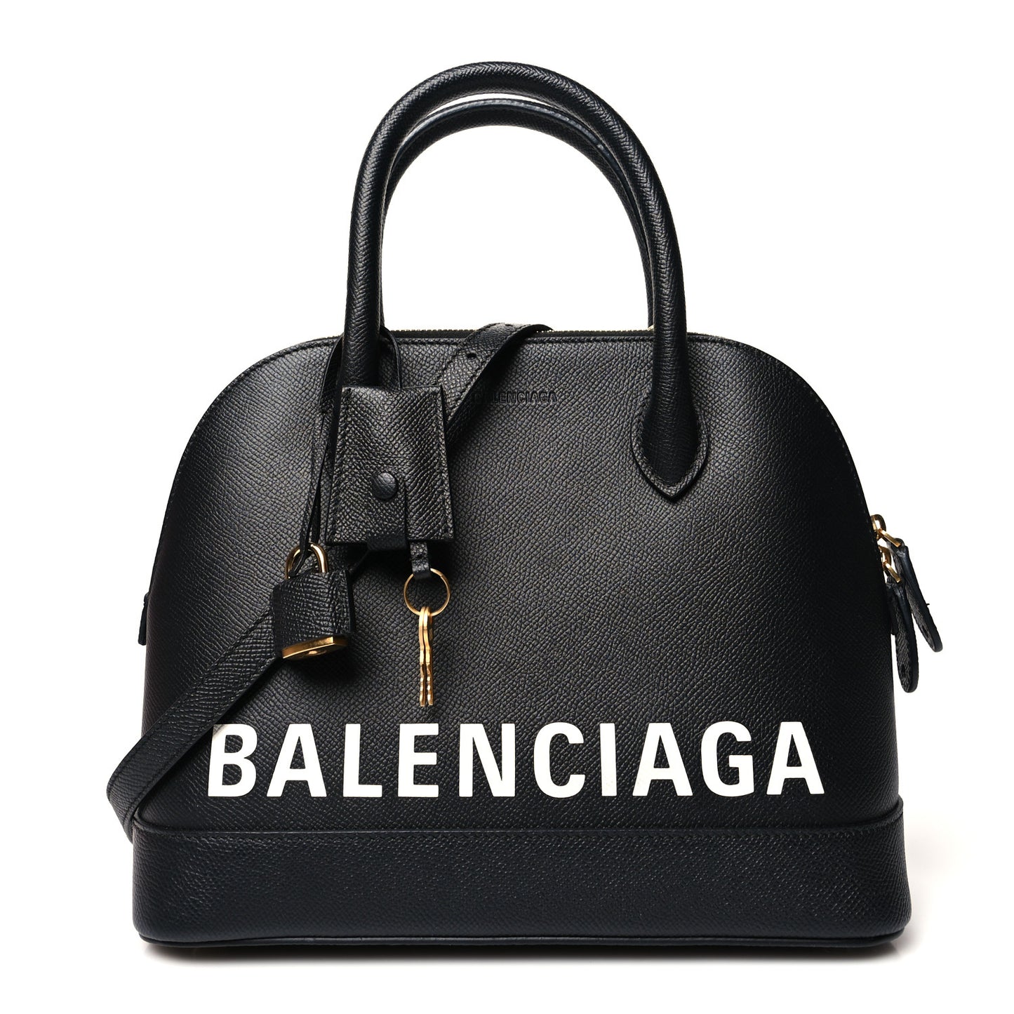 Signature Grained Calfskin Logo S Ville Top Handle Bag Black White