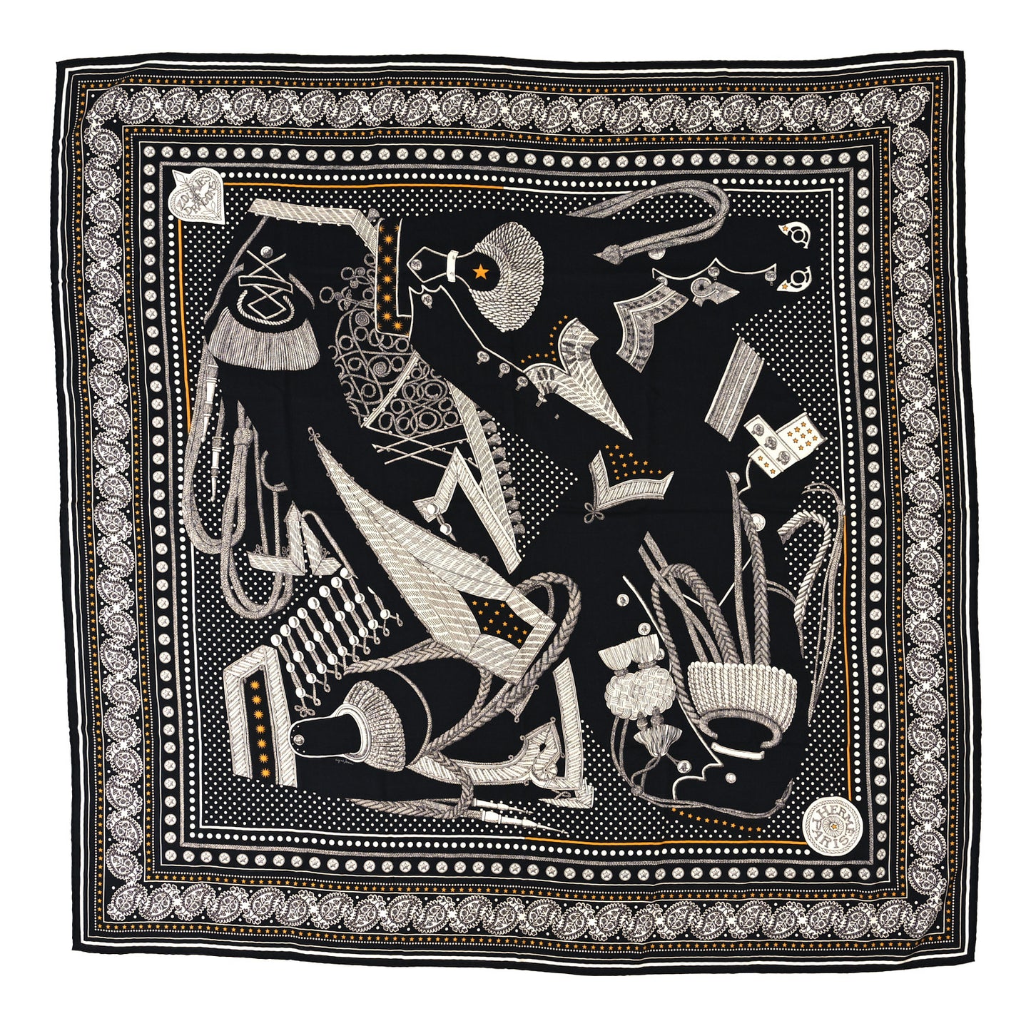 Cashmere Silk Zouaves Et Dragons Shawl 140 Black White Gold